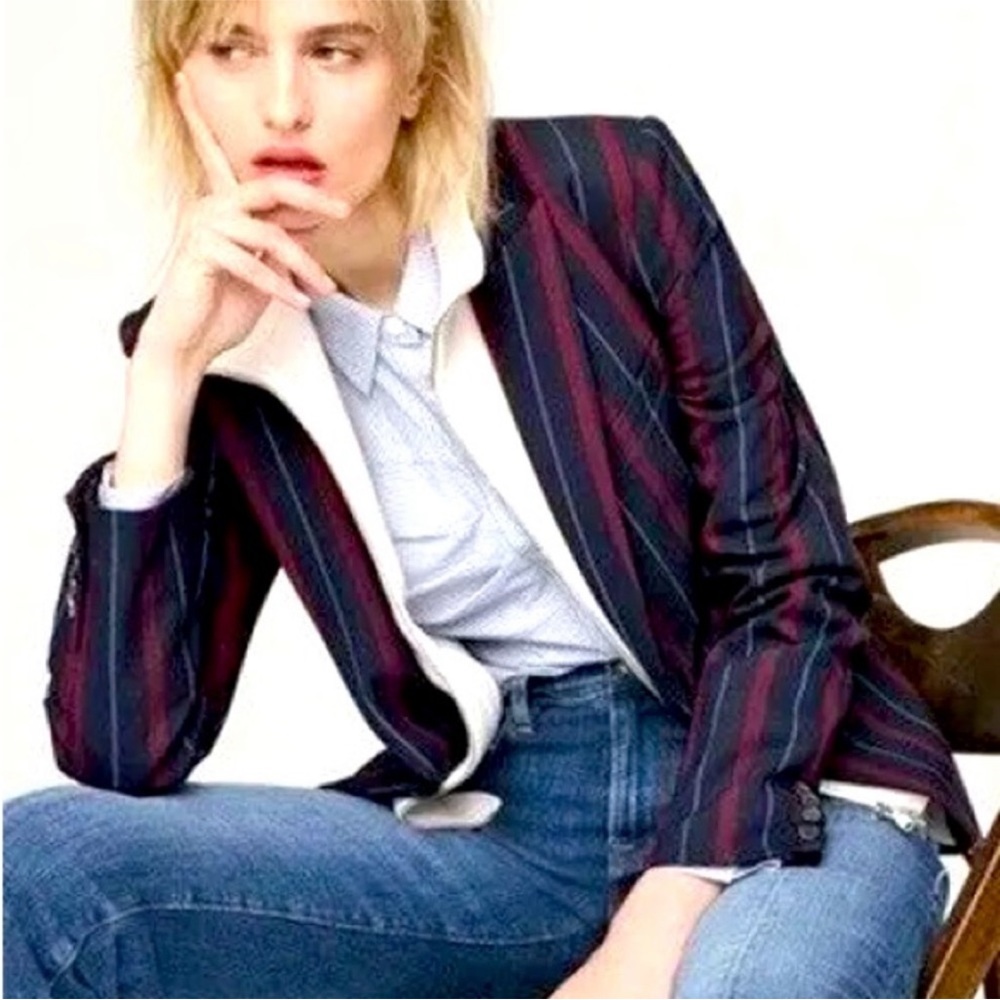 $698 Veronica Beard Carter Dickey jacket blazer navy merlot white stripe size 0 - Picture 1 of 16